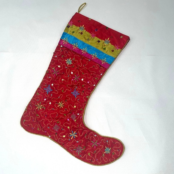 Pier 1 Red Holiday Christmas Stocking Sequin Embellished Festive Decor Ornaments - Picture 3 of 4